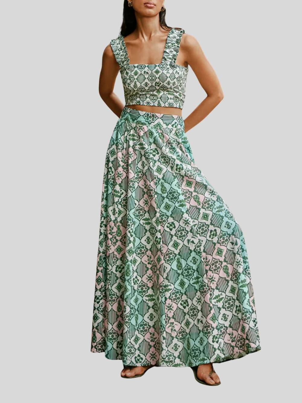 NEW VERANDAH panelled maxi skirt in sage/ivory/pink